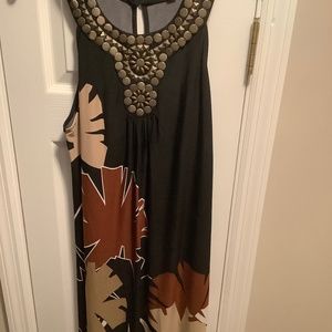 Sandra Darren size 14 sleeveless dress, black, shades of brown, tan and cream